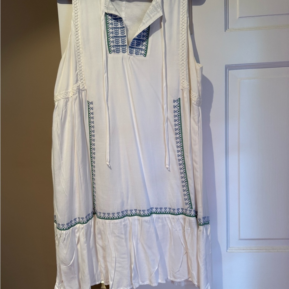 White Sleeveless Dress with Blue Embroidery